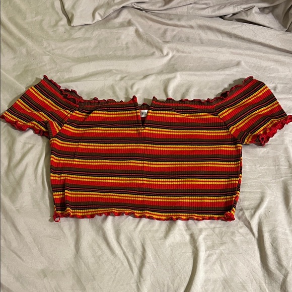 Wild Honey Red and Orange Striped Crop Top with Black Cross-Strap Top - Picture 2 of 6